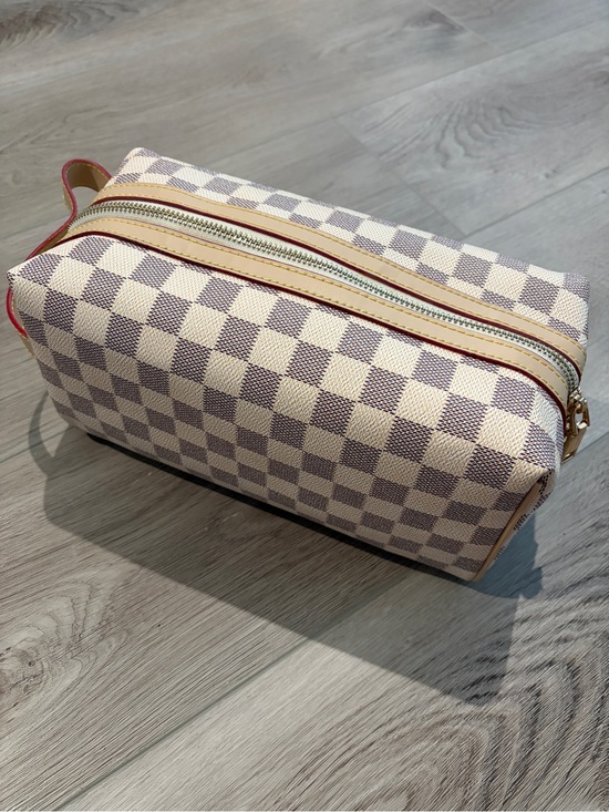 Handbags - Cream Gray Checkerboard Cosmetic Case Bag